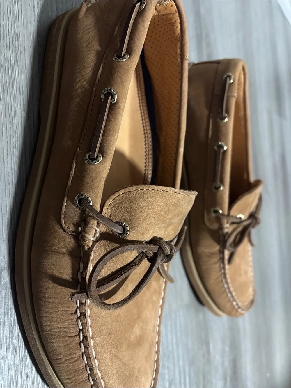 Sperry Men’s Tan Suede Boat Shoes with Lace Detail
